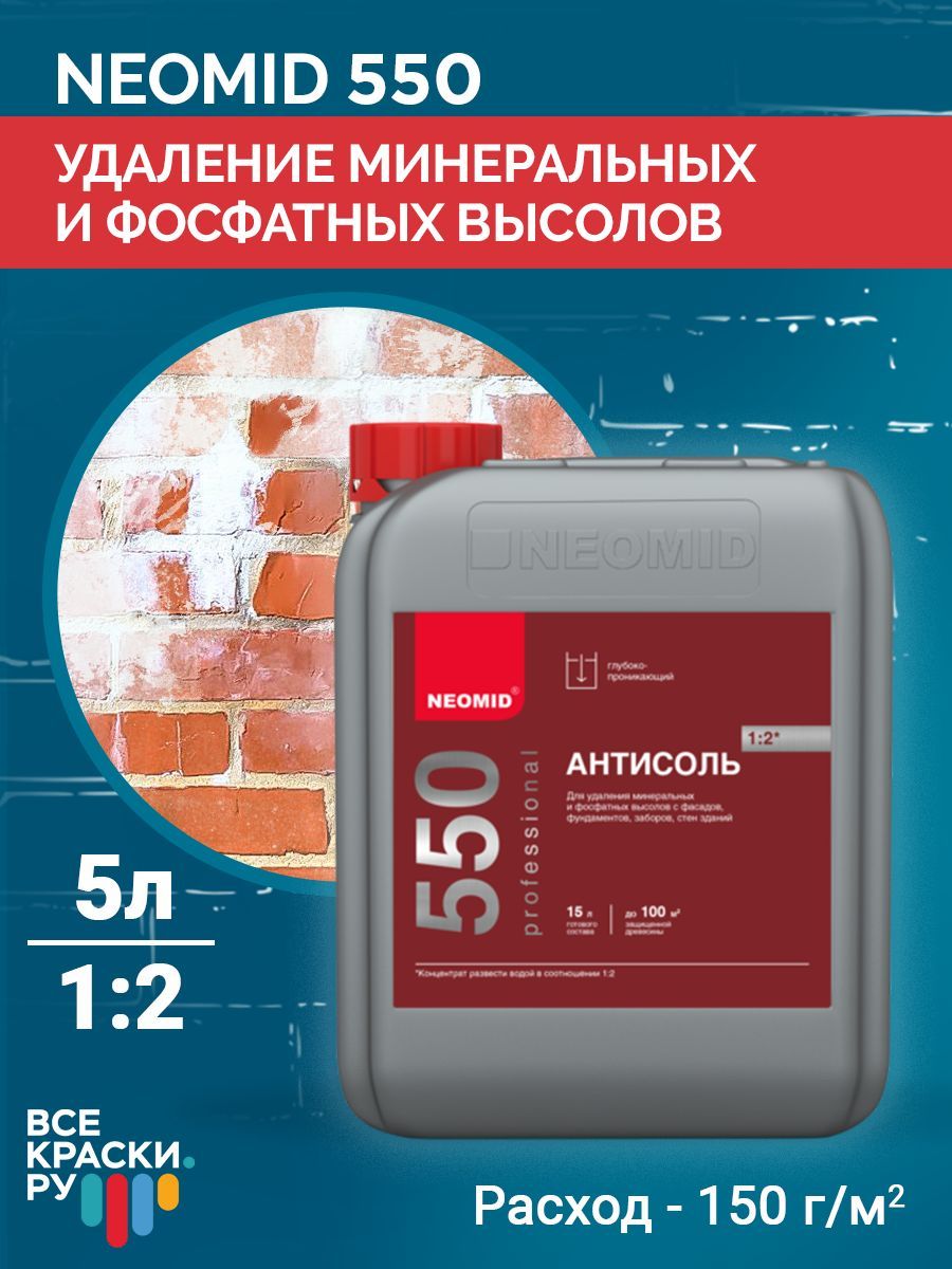 Neomid Антисоль, средство для очистки фасадов зданий от высолов Neomid 550 конц. 5 л